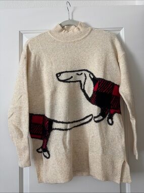 Cream Men’s Knit Sweater with Red Plaid Dog Motif